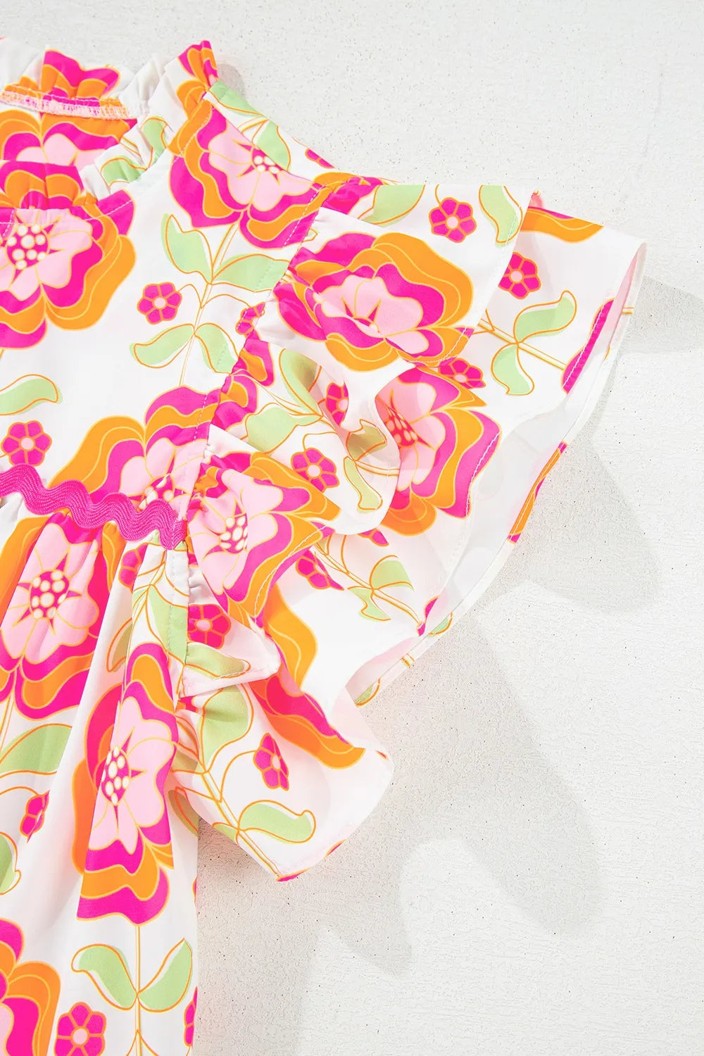 Floral Ruffled Sleeve Ric-Rac Trim Split Neck Loose Blouse