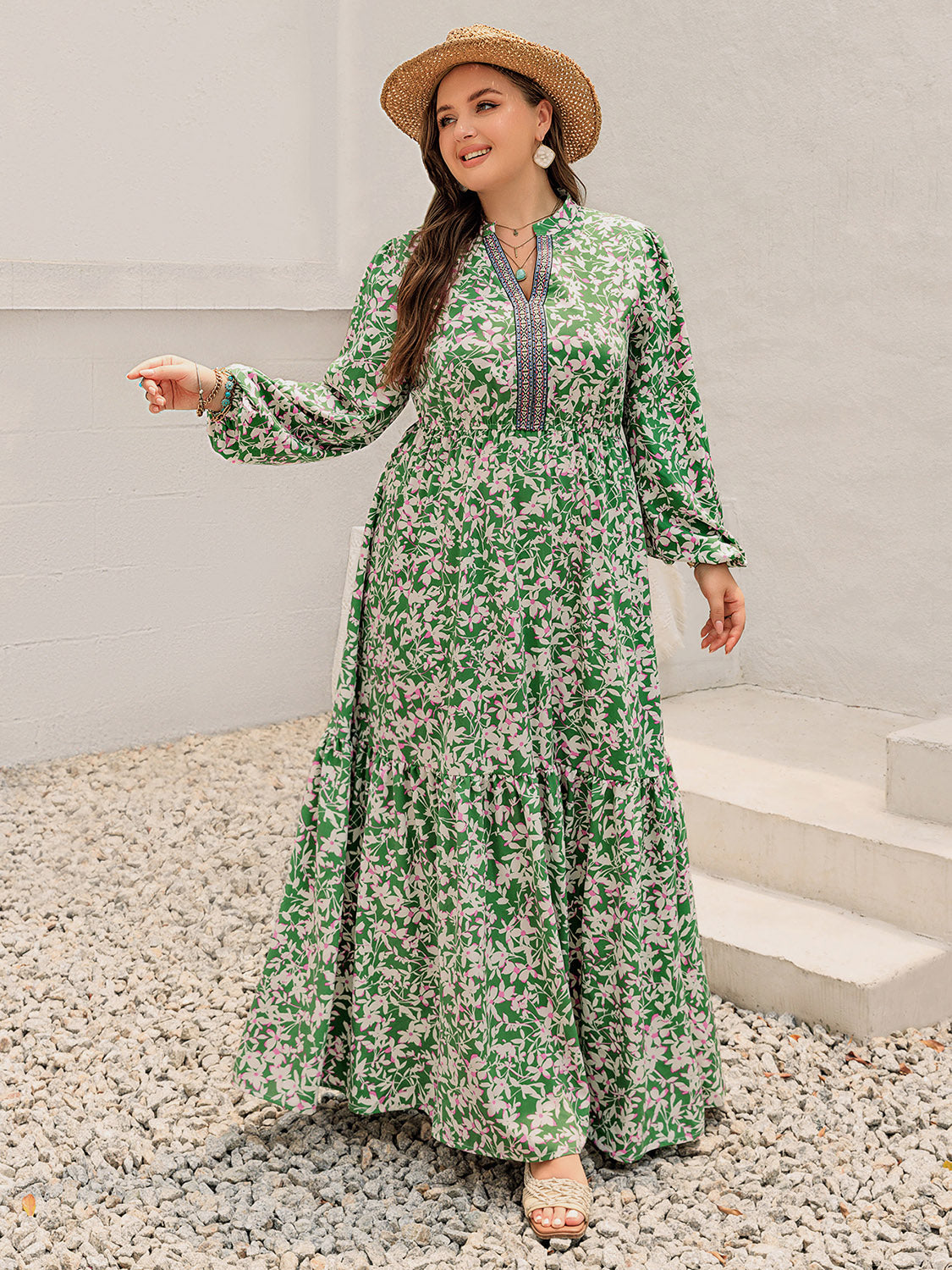 Plus Size Printed Notched Long Sleeve Maxi Dress Green