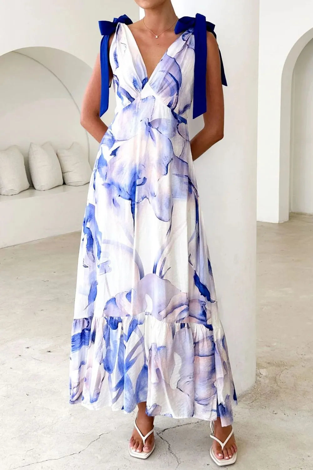 Printed V-Neck Tie Shoulder Midi Cami Dress