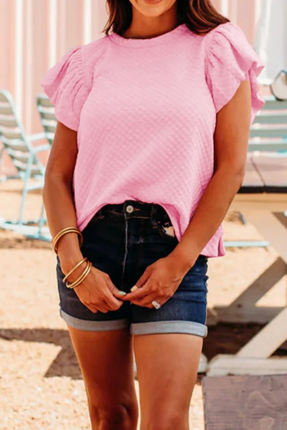 Textured Ruffle Cap Sleeve Top