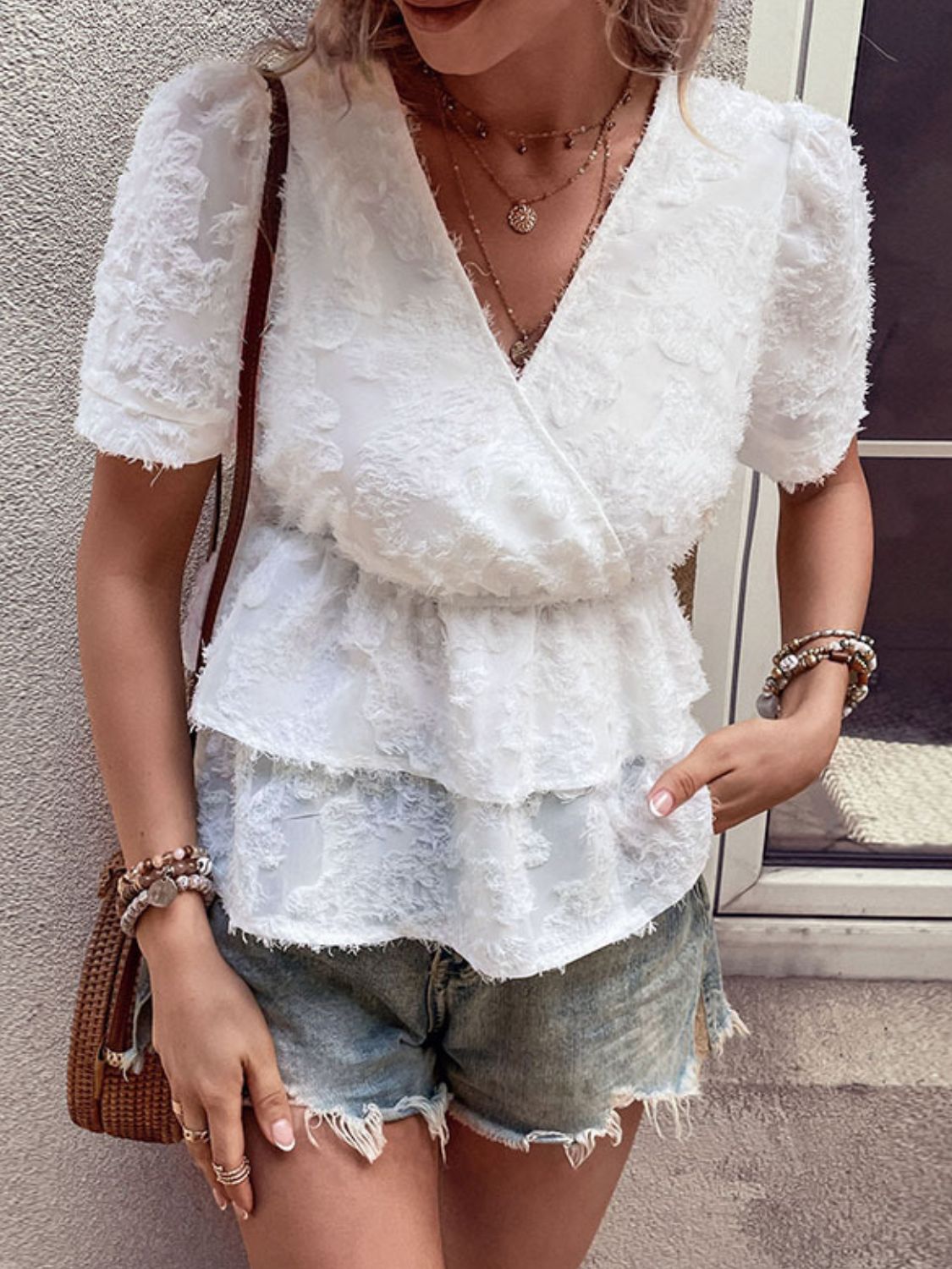 Perfee Surplice Neck Layered Peplum Top White