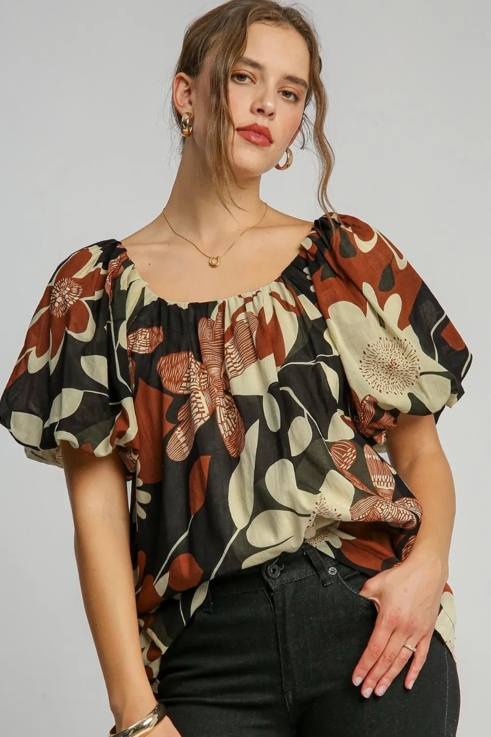 Umgee Full Size Print Round Neck Puff Sleeve Top Plus Size RUST MIX