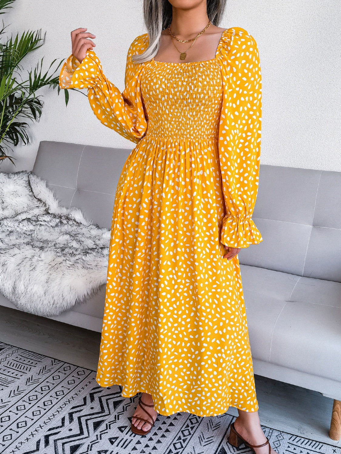 Smocked Square Neck Flounce Sleeve Dress Gold
