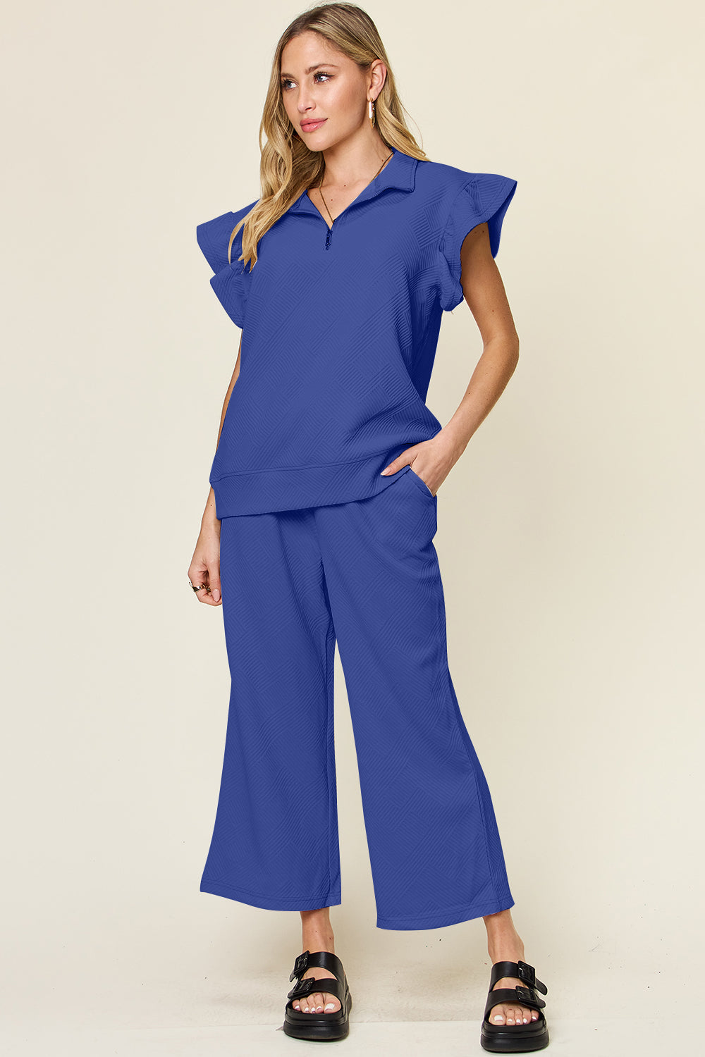 Double Take Texture Ruffle Short Sleeve Top and Drawstring Wide Leg Pants Set Royal Blue