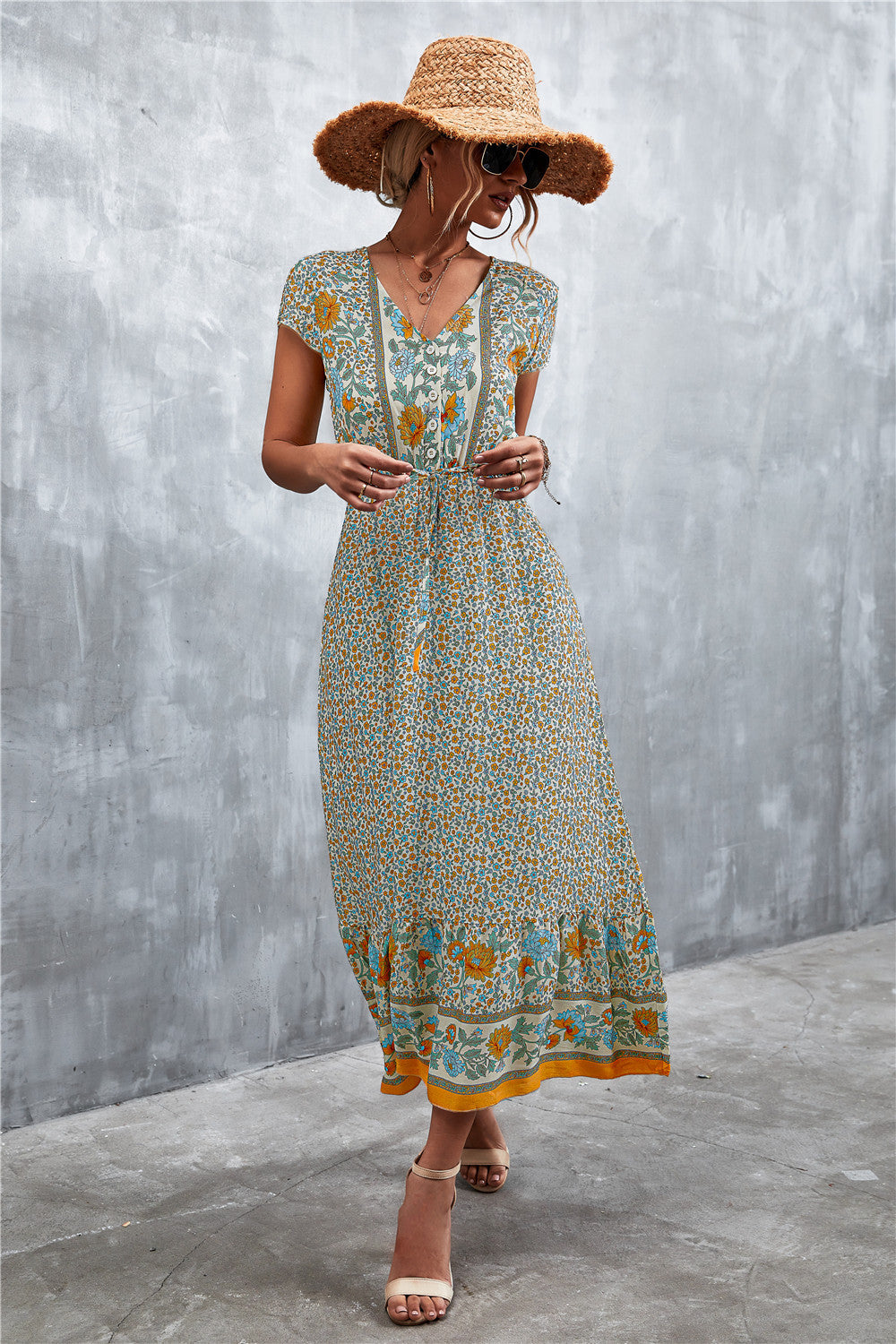 V-Neck Short Sleeve Printed Maxi Dress Beige