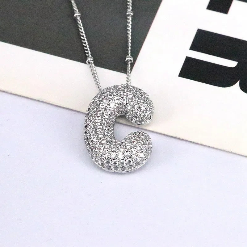 Copper Inlaid Zircon Letter Pendant Necklace Style C One Size