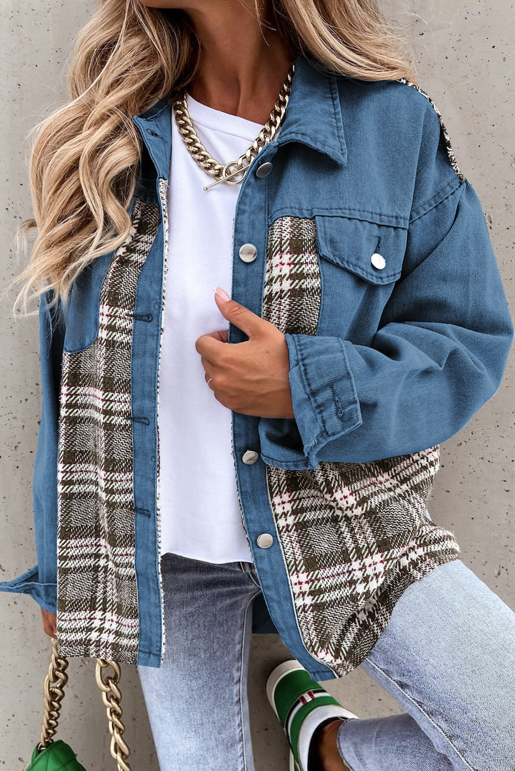 Plaid Pocketed Button Up Denim Jacket Deep Teal