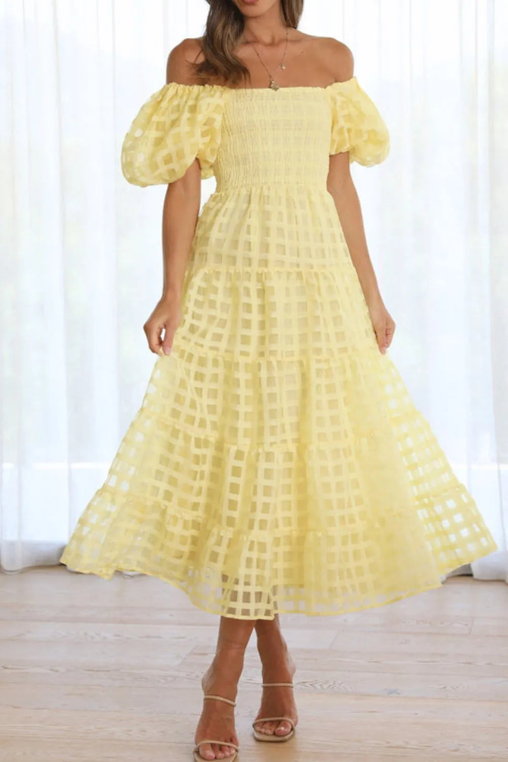 Off Shoulder Short Puff Sleeve Midi Dress Yellow
