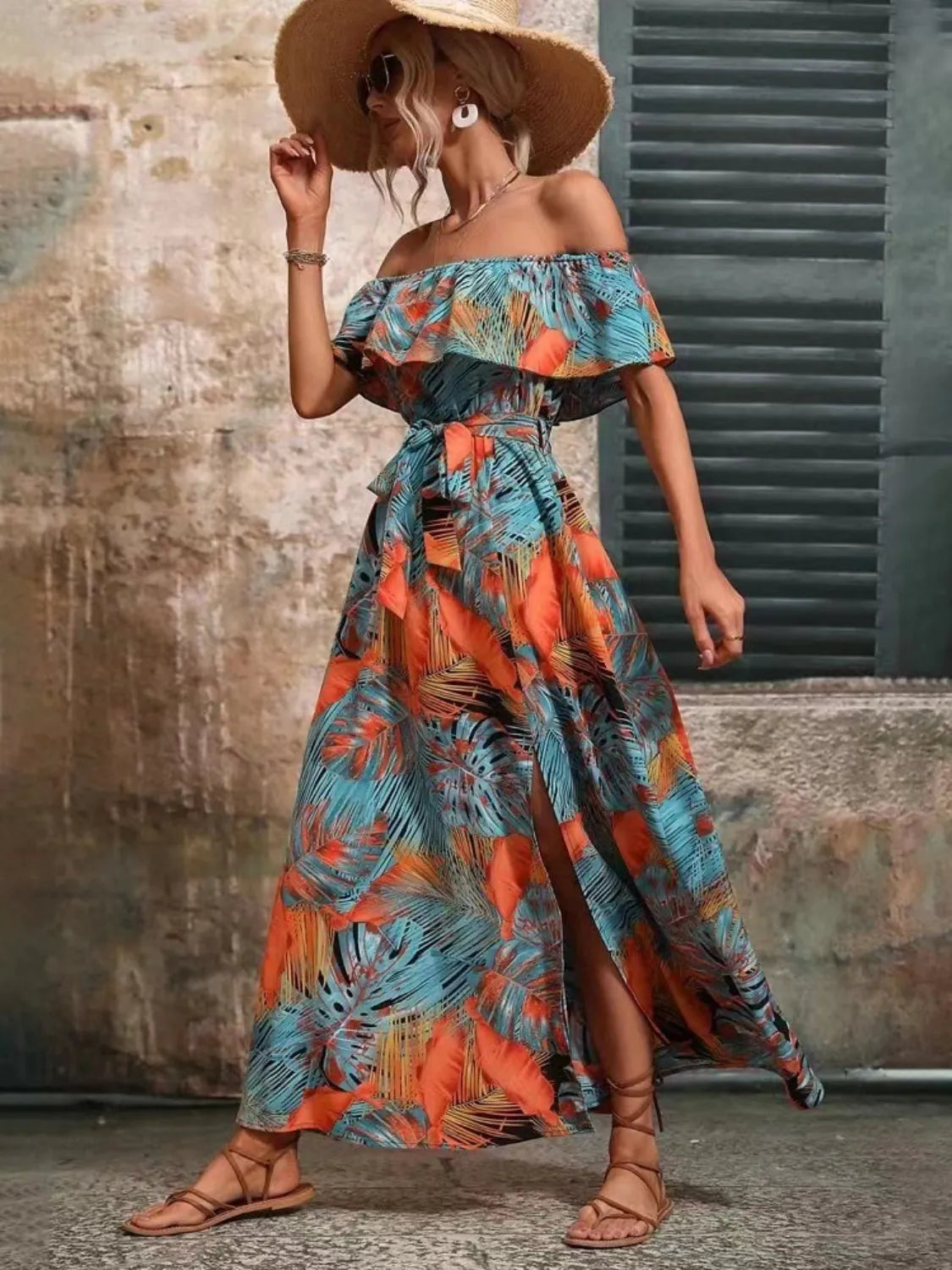Ruffled Printed Off Shoulder Maxi Dress