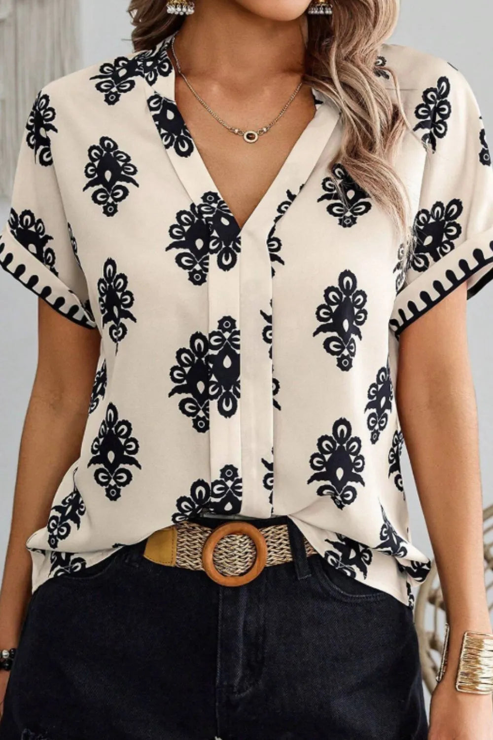 Printed Short Sleeve Loose Blouse