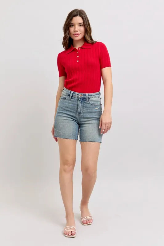 Judy Blue High Waist Vintage Wash Side Slit Denim Shorts MD