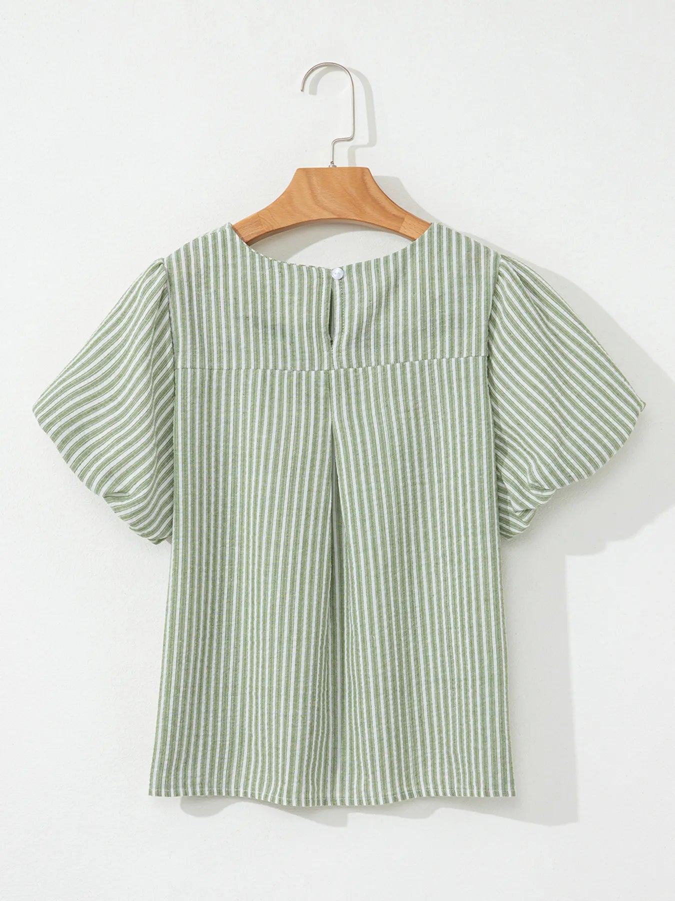 Stripe Textured Round Neck Short Puff Sleeve Blouse
