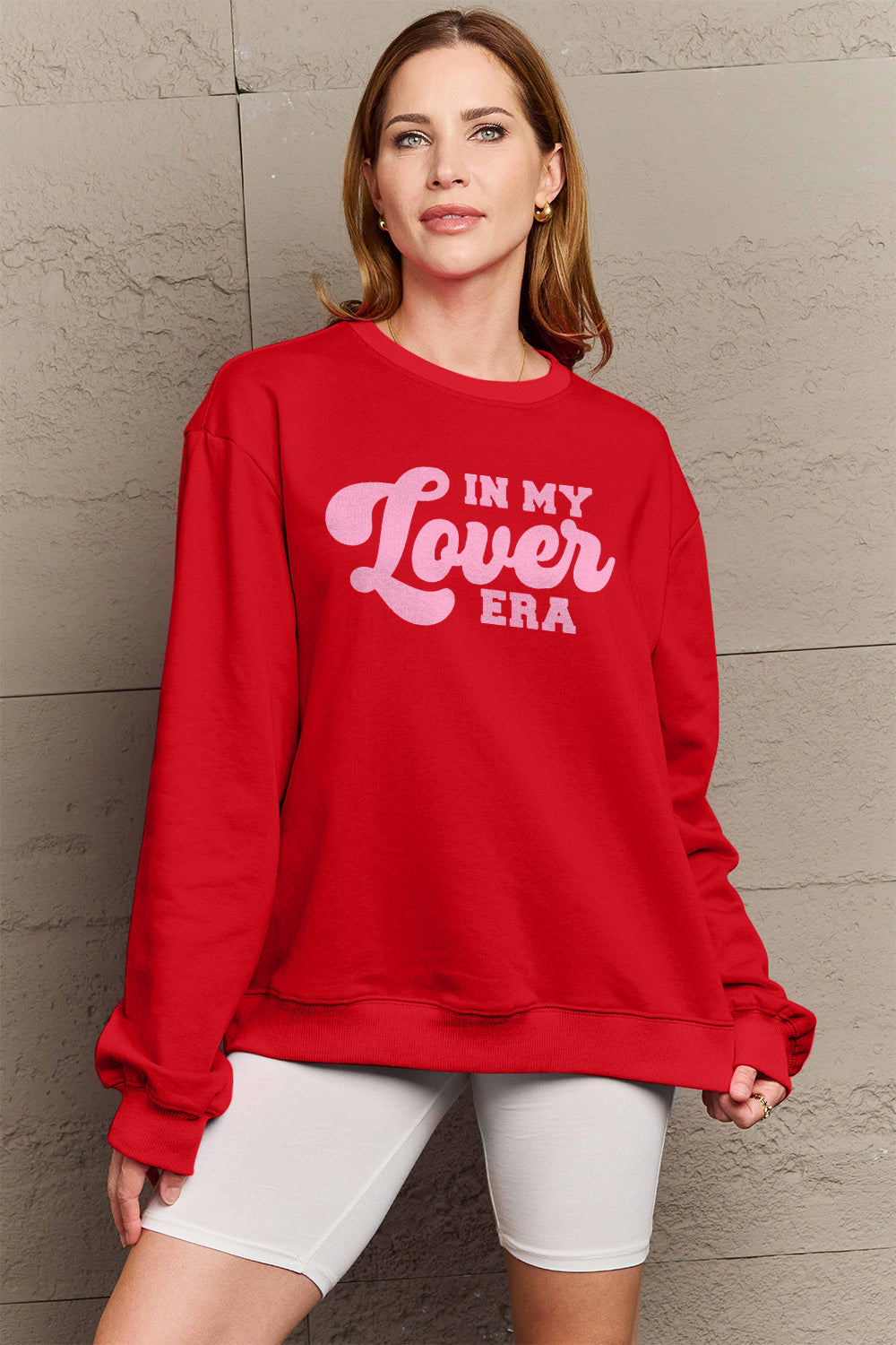 Simply Love Full Size IN MY LOVER ERA Round Neck Sweatshirt Burgundy
