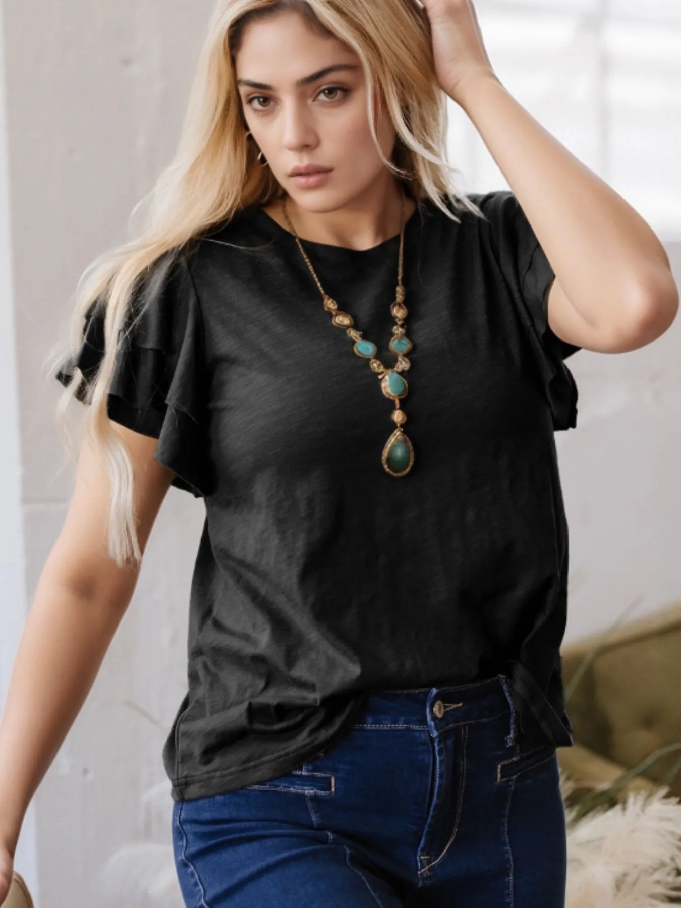 Ruffle Sleeve Round Neck Top Black
