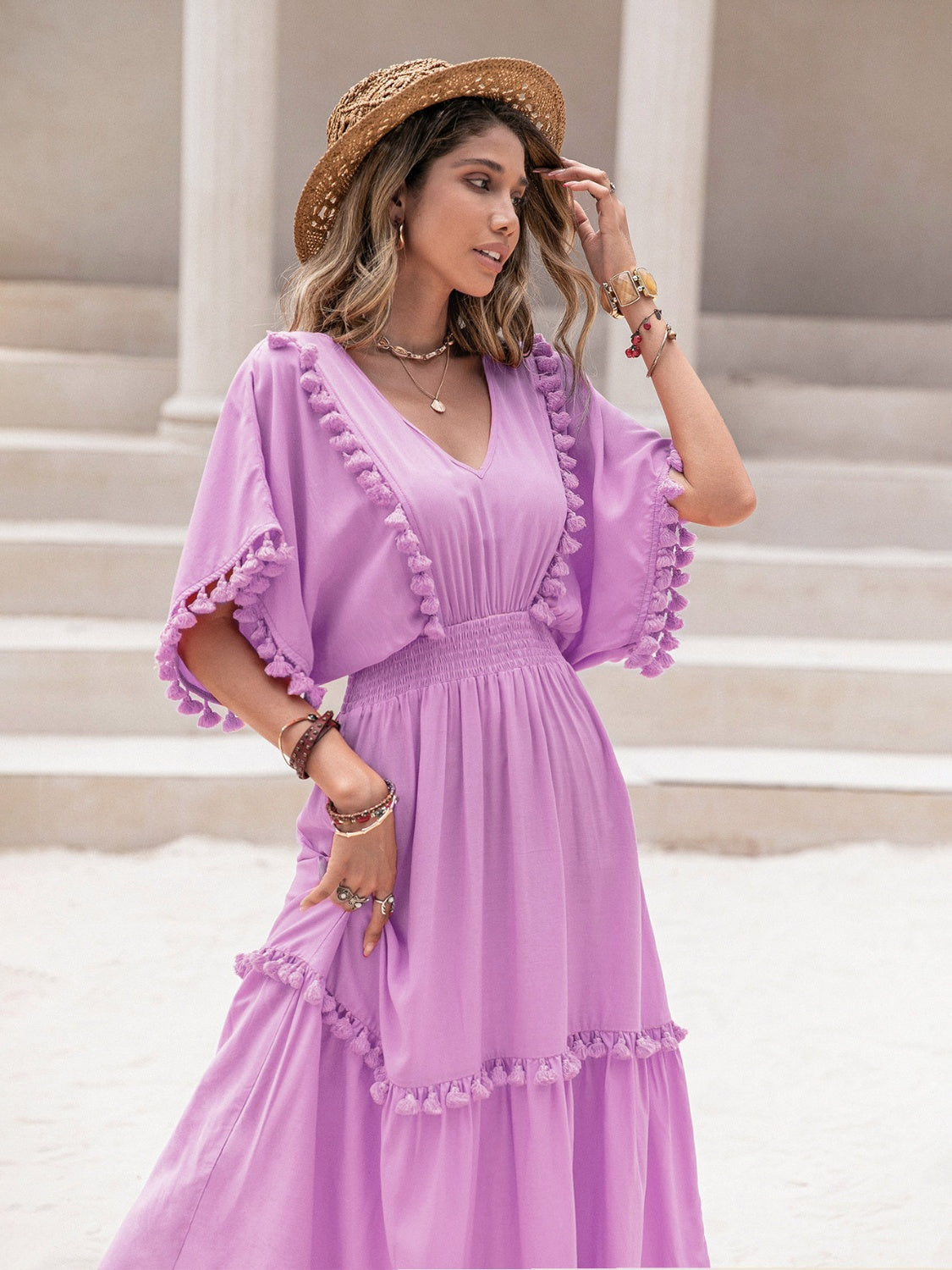 Tassel Trim Smocked V-Neck Short Sleeve Dress Heliotrope Purple