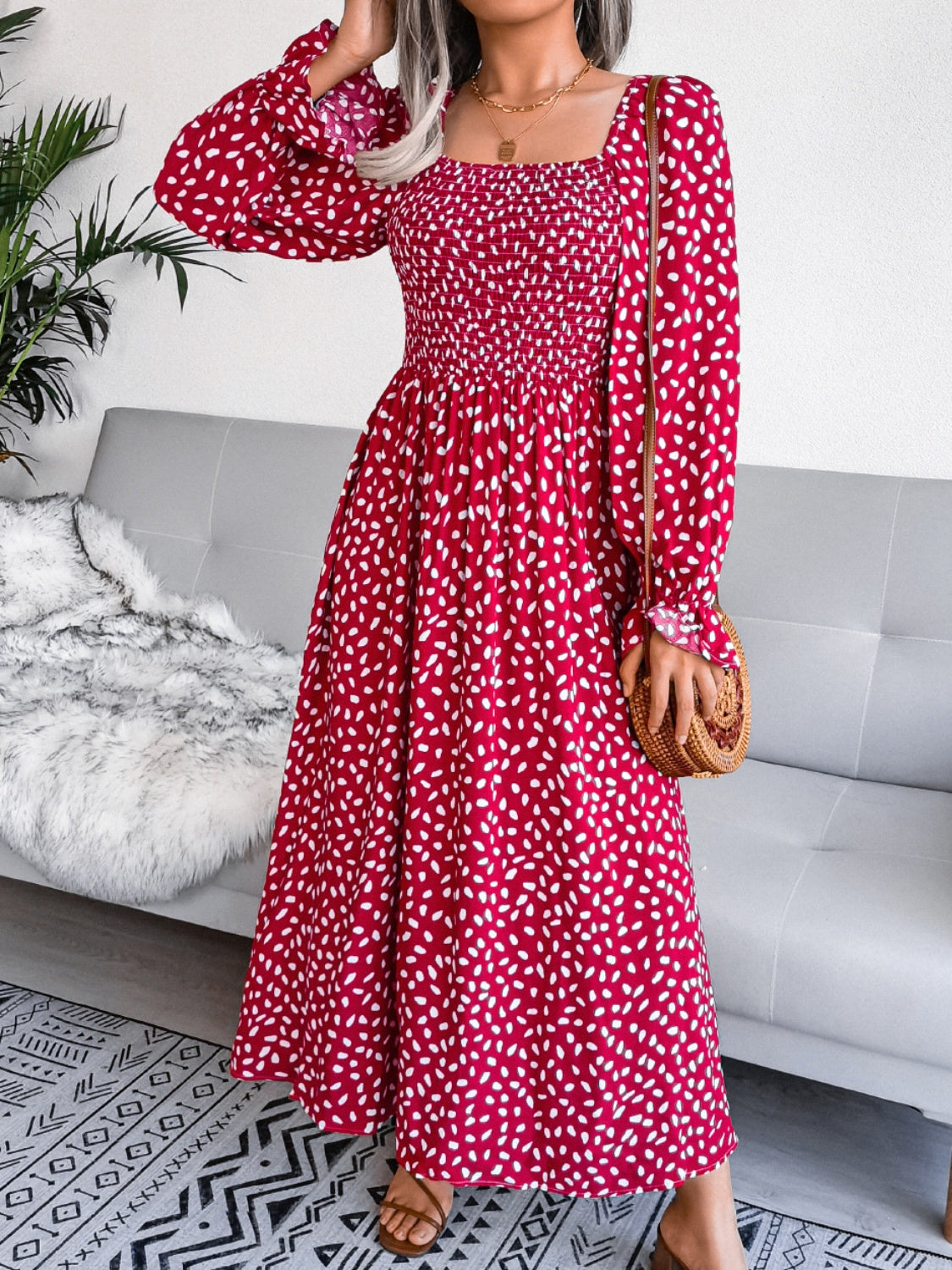 Smocked Square Neck Flounce Sleeve Dress Deep Red
