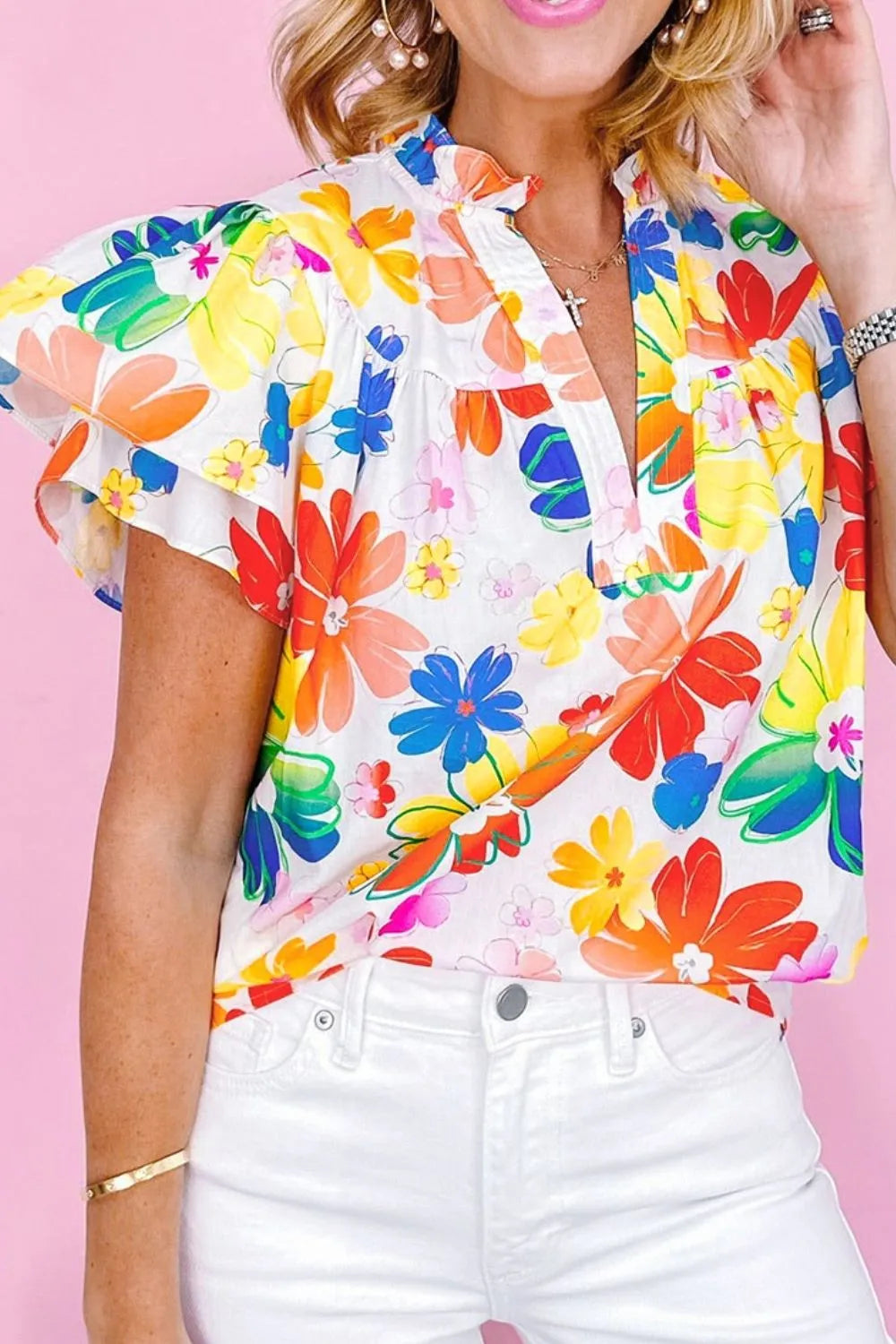 Ruffled Printed Notched Cap Sleeve Blouse