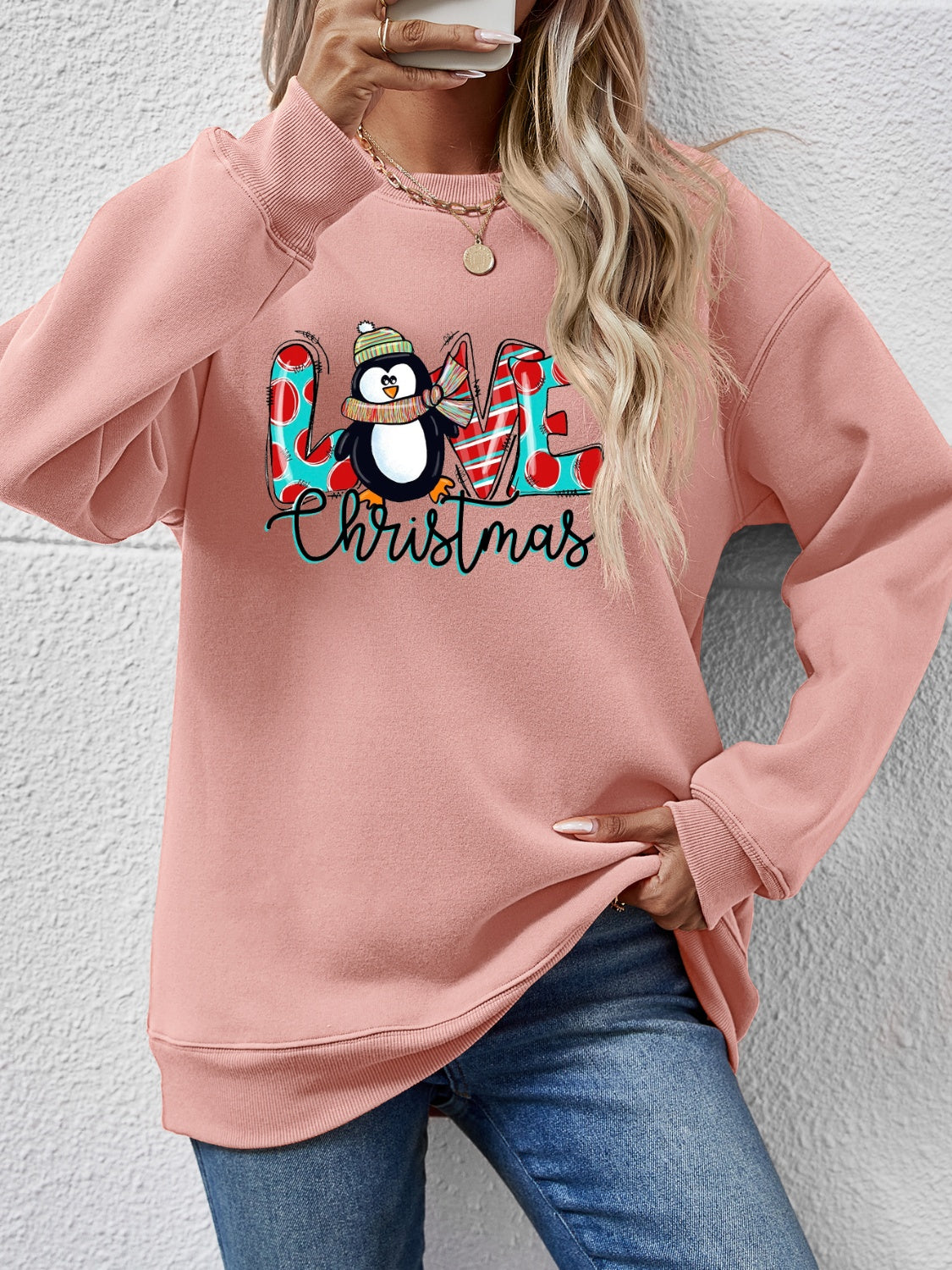 LIVE CHRISTMAS Drop Shoulder Round Neck Sweatshirt Blush Pink