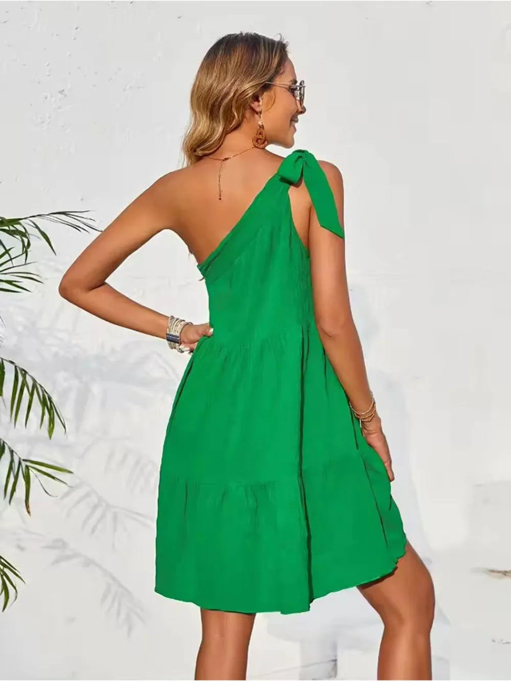 Textured Tied Single Shoulder Mini Dress