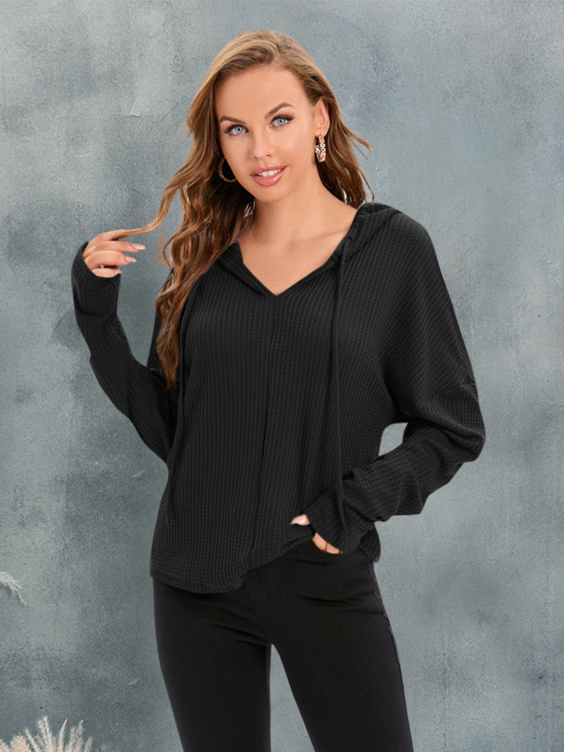 Waffle-Knit Drawstring Drop Shoulder Hoodie Black
