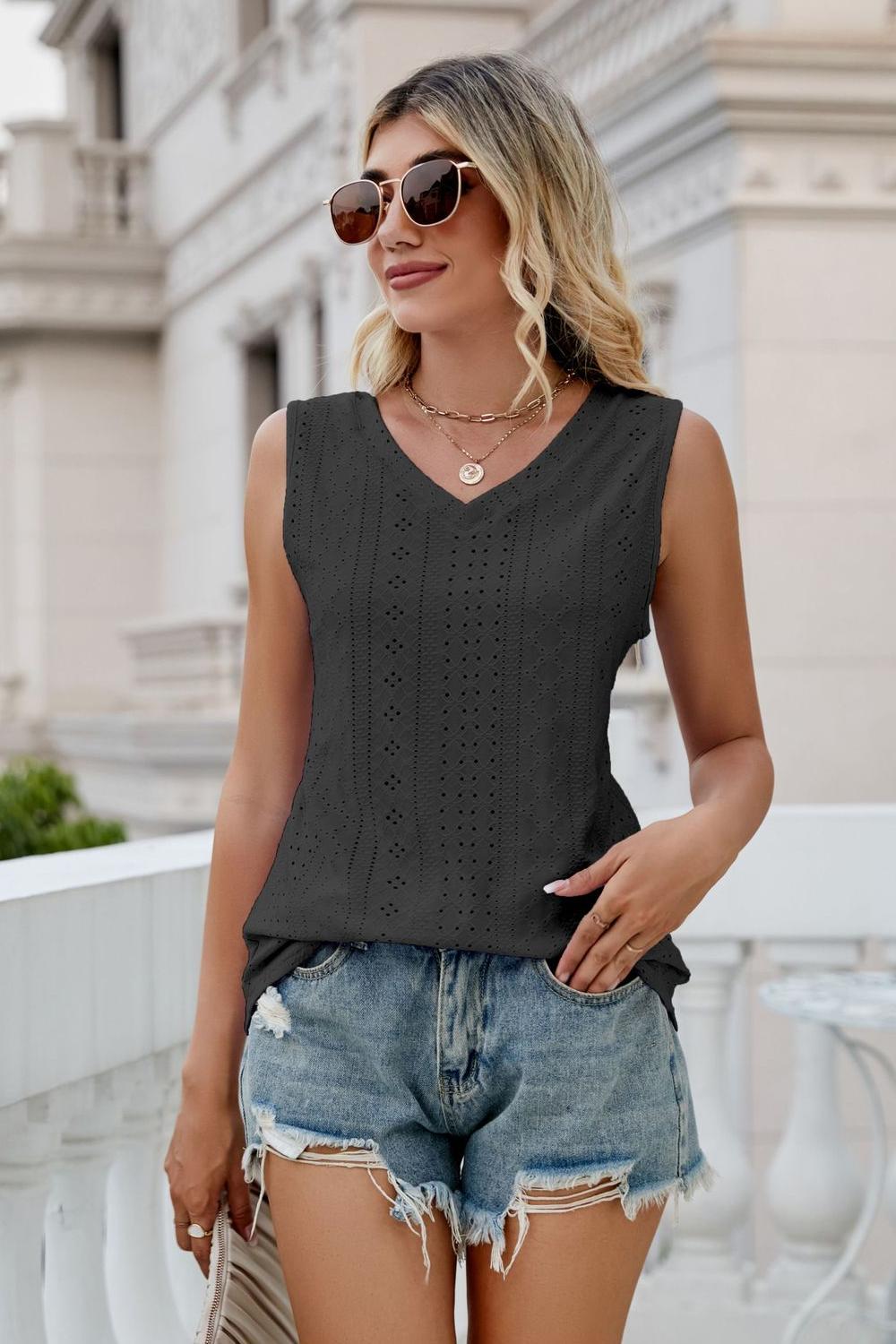 Eyelet V-Neck Tank Black