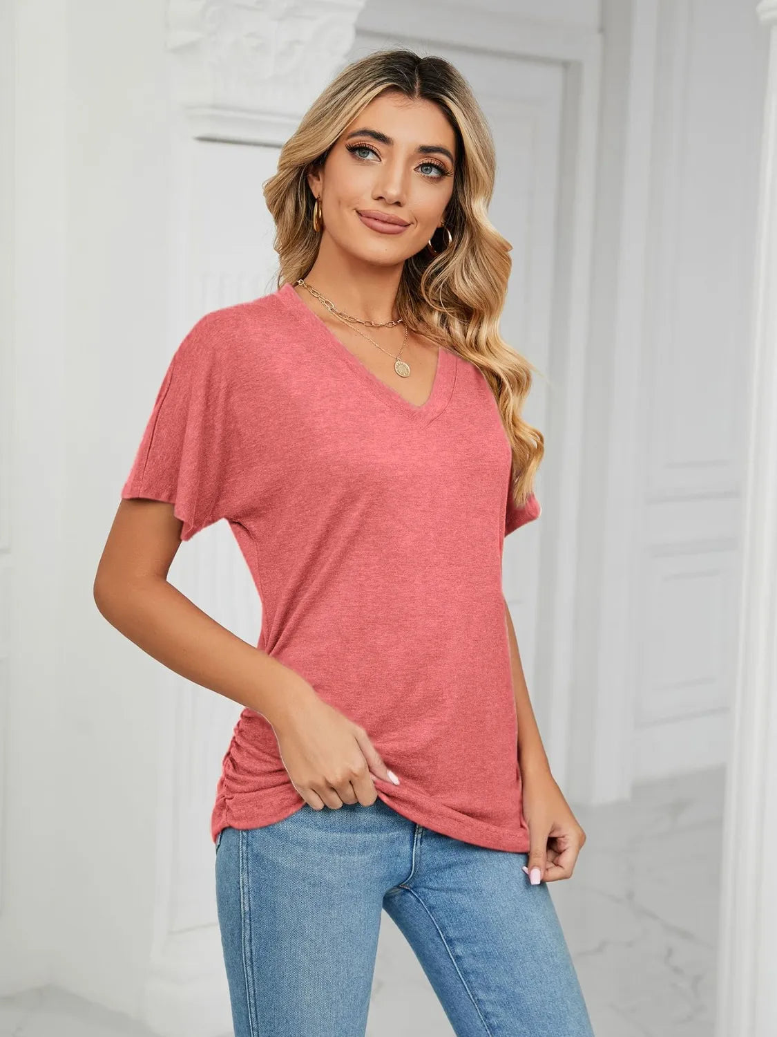 V-Neck Short Sleeve T-Shirt Burnt Coral