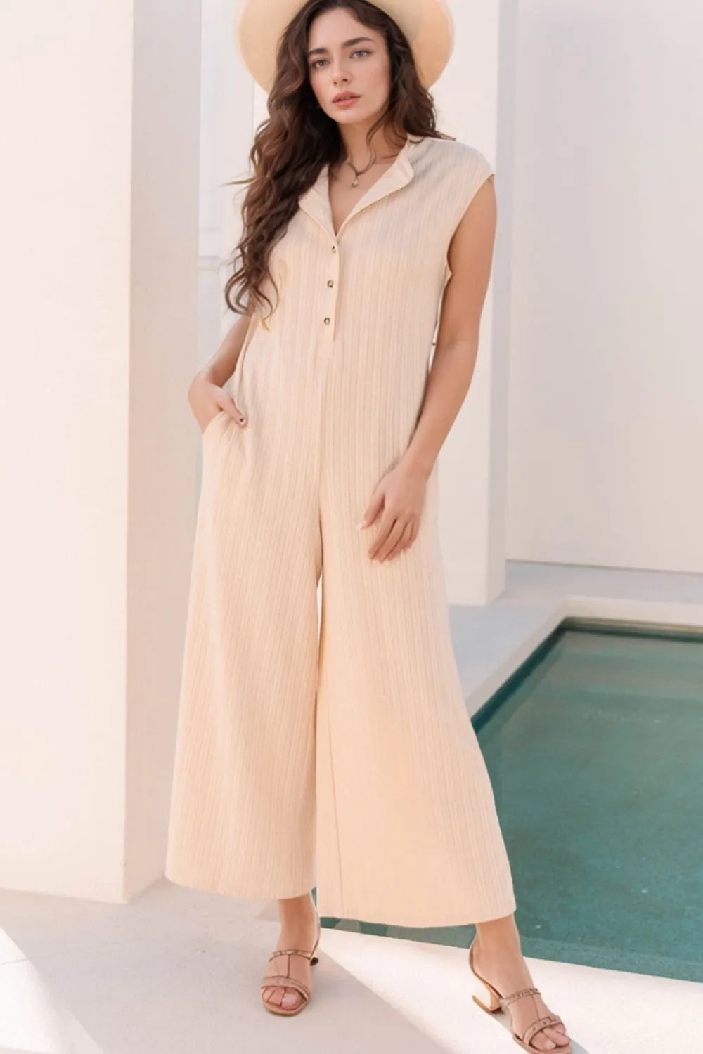 Textured Button Front Wide Leg Cap Sleeve Jumpsuit Eggshell