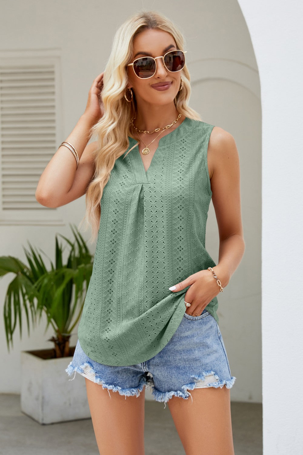 Notched Neck Curved Hem Eyelet Tank Sage