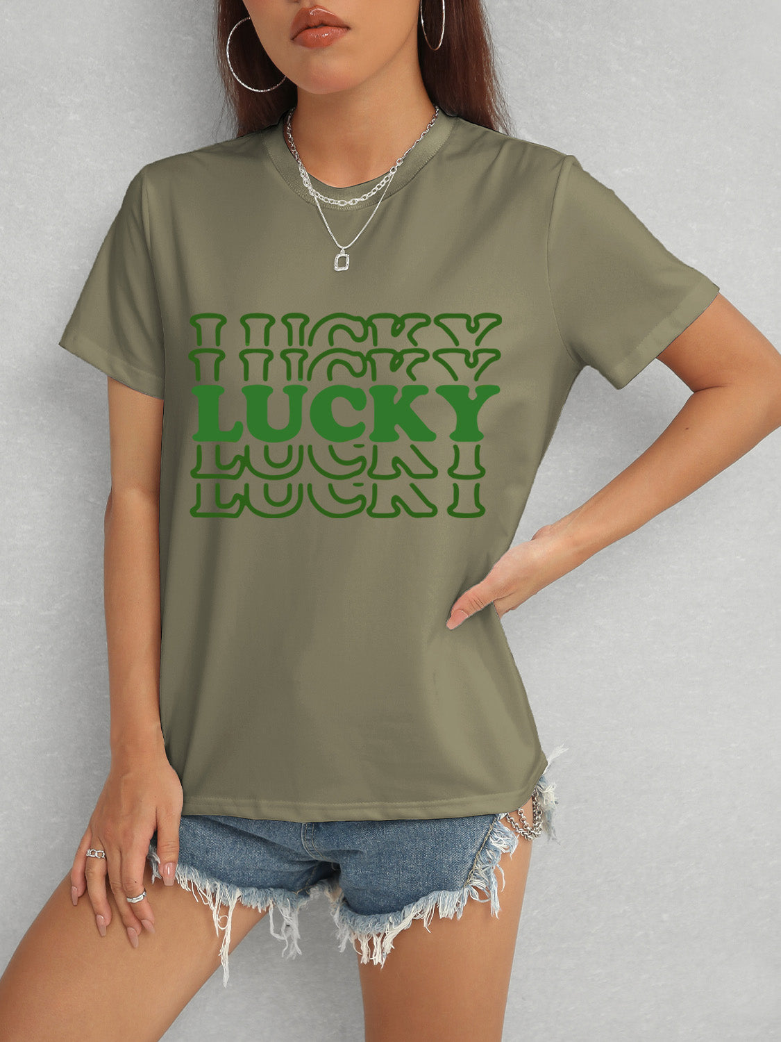 LUCKY Round Neck Short Sleeve T-Shirt Sage