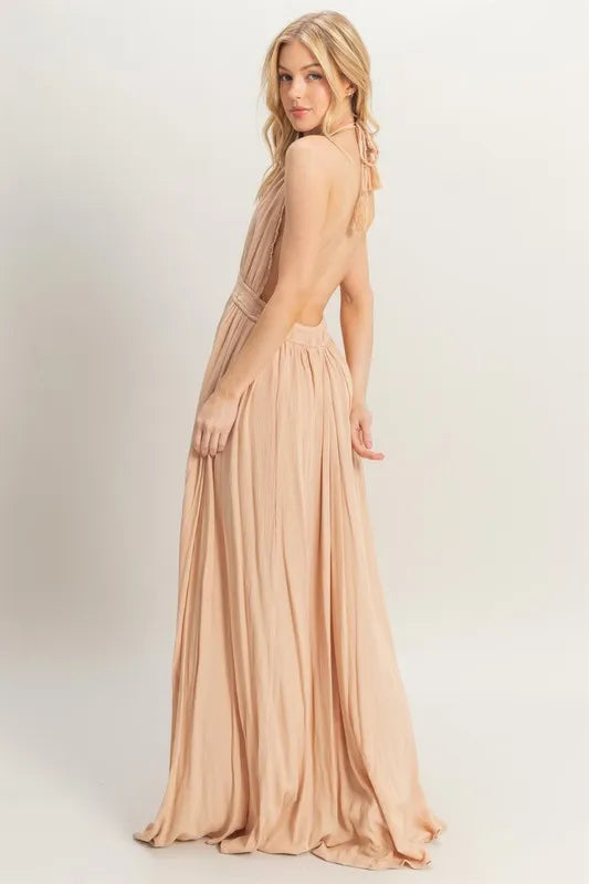 HYFVE Halter Neck Fitted Waist Flowy Maxi Dress