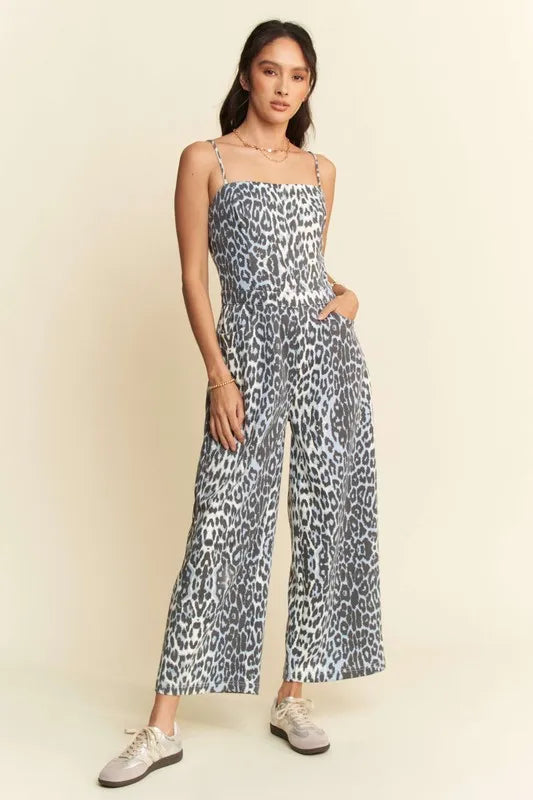 Davi & Dani Leopard Spaghetti Straps Wide Leg Jumpsuit Blue Leopard