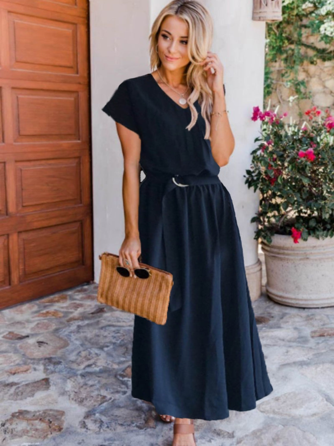 Ruched V-Neck Cap Sleeve Dress Black