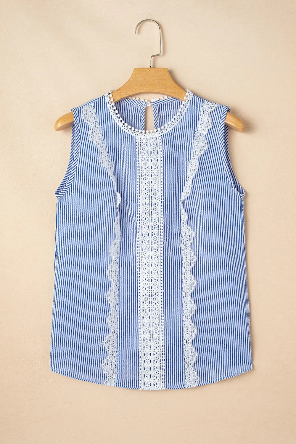 Stripe Lace Patchwork Crew Neck Sleeveless Top