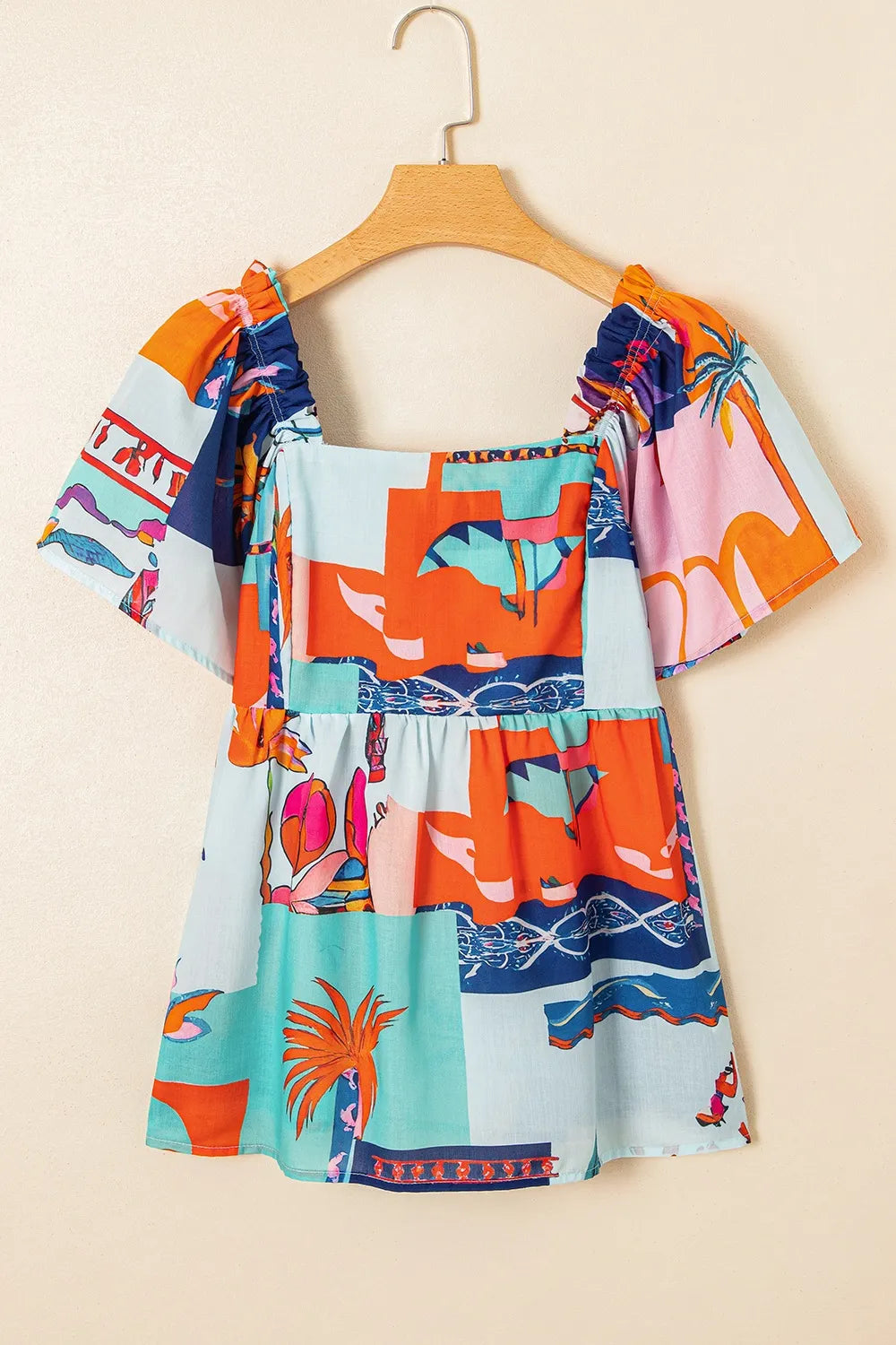 Printed Square Neck Ruffled Short Sleeve Blouse
