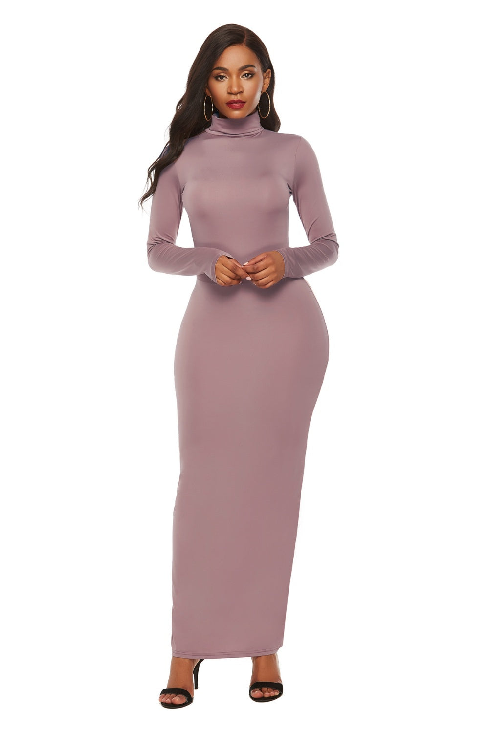 Mock Neck Long Sleeve Maxi Slim Dress Dusty Pink