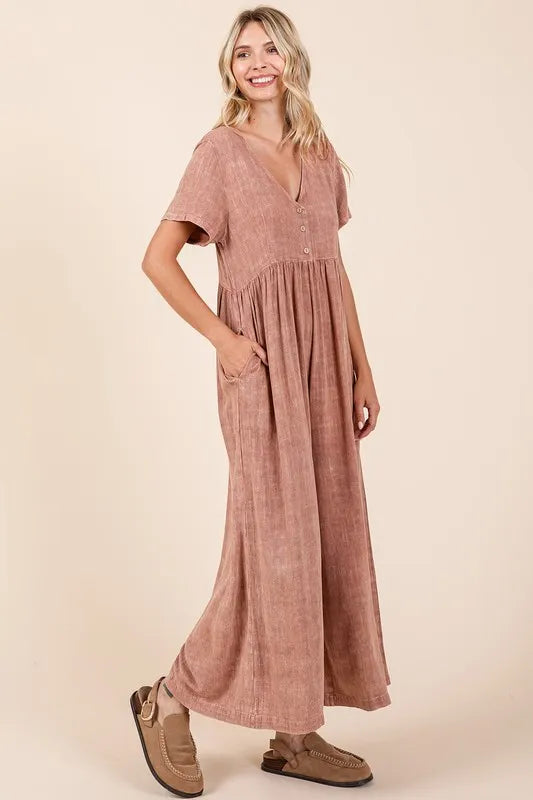 Mittoshop Mineral Wash Short Sleeve Flowy Wide Leg Jumpsuit