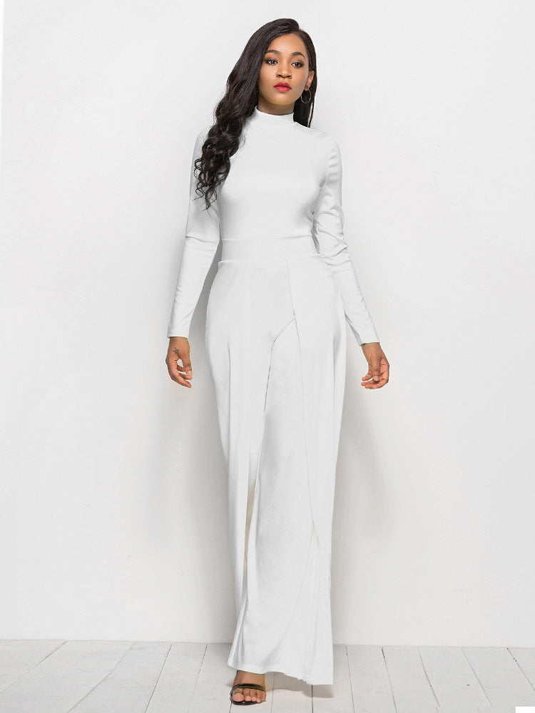 Long Sleeve Mock Neck Wide Leg Jumpsuit White