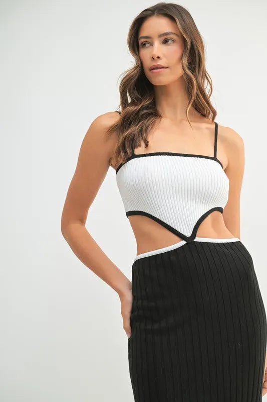 MABLE Ribbed Knit Color Block Cutout Midi Dress