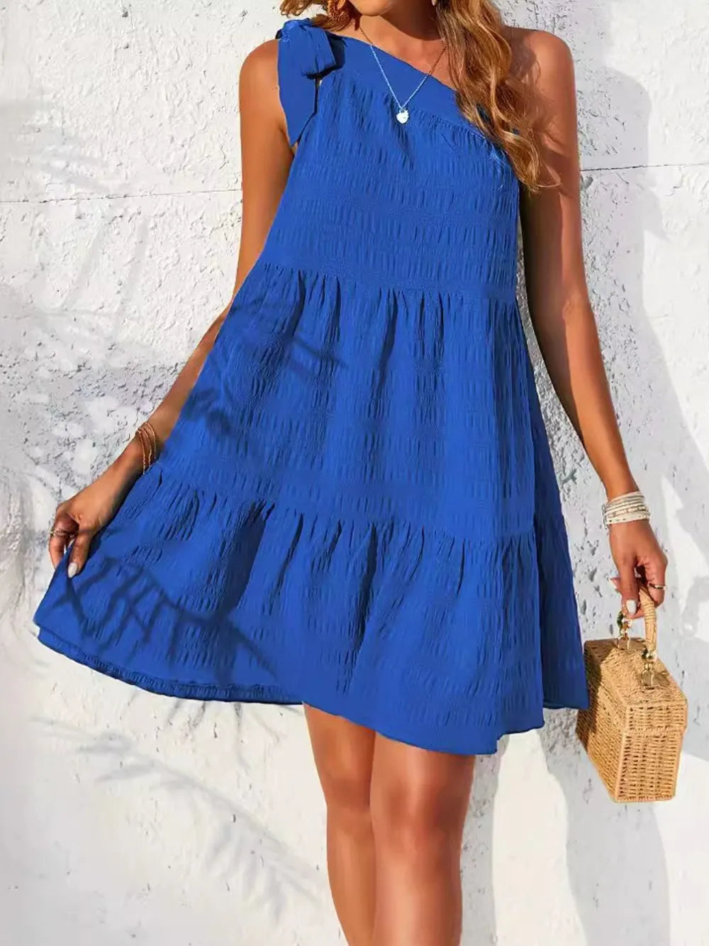 Textured Tied Single Shoulder Mini Dress Royal Blue