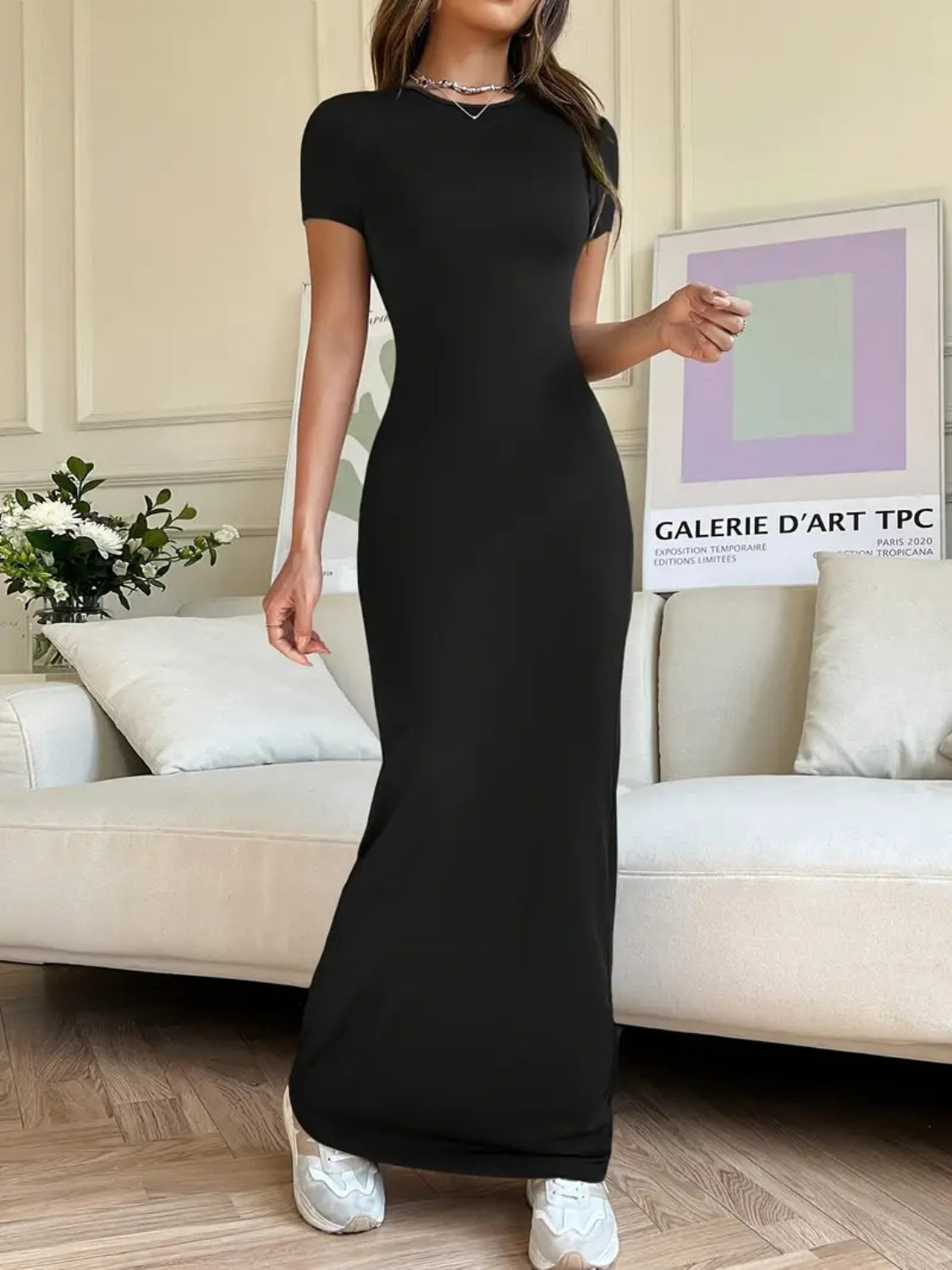 Short Sleeve Maxi Tee Dress Black