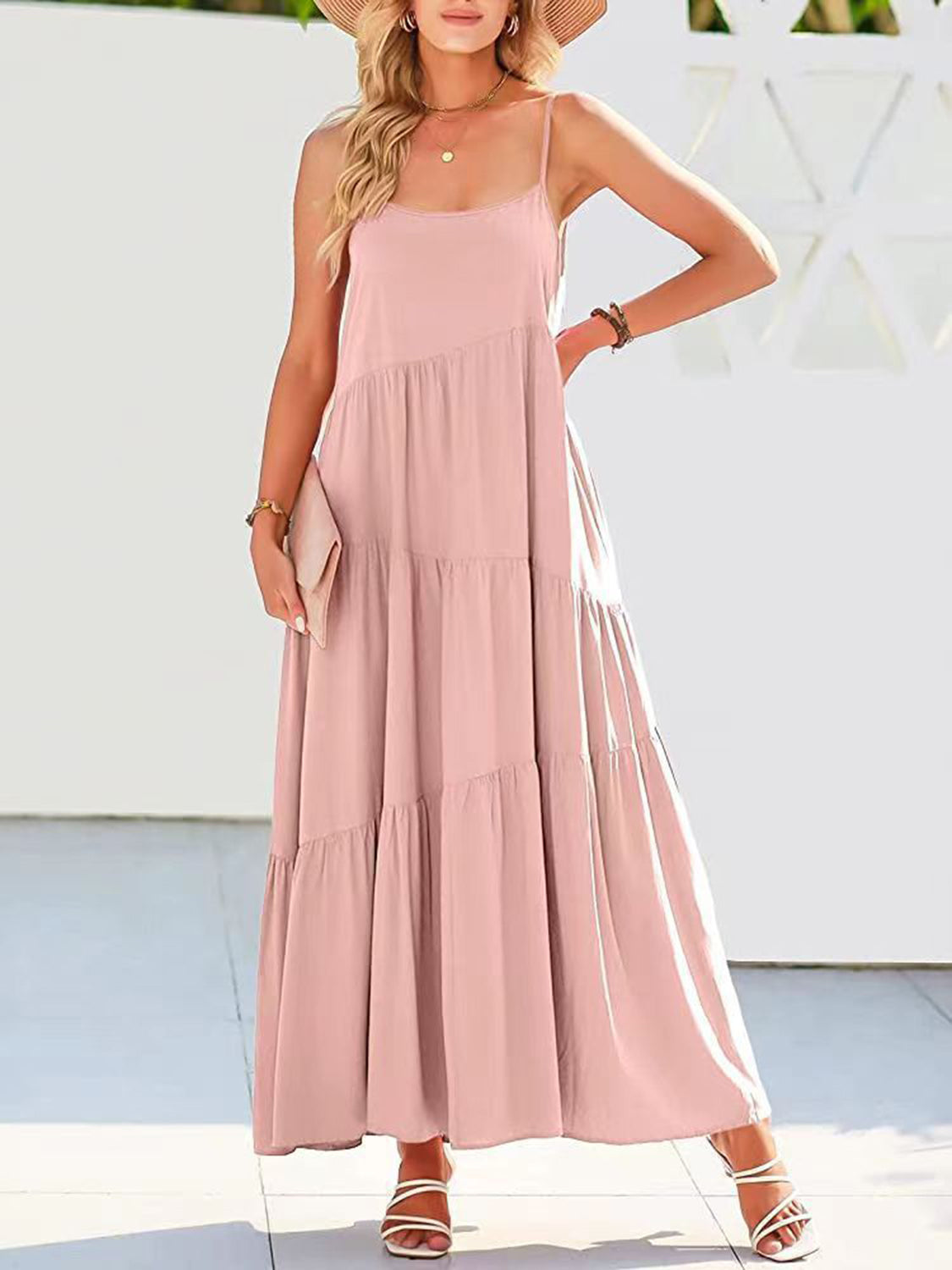 Full Size Ruched Tiered Spaghetti Strap Dress Blush Pink