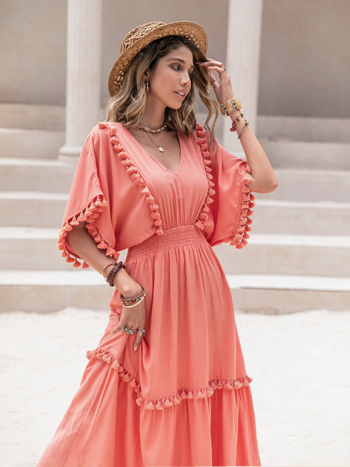 Tassel Trim Smocked V-Neck Short Sleeve Dress Coral