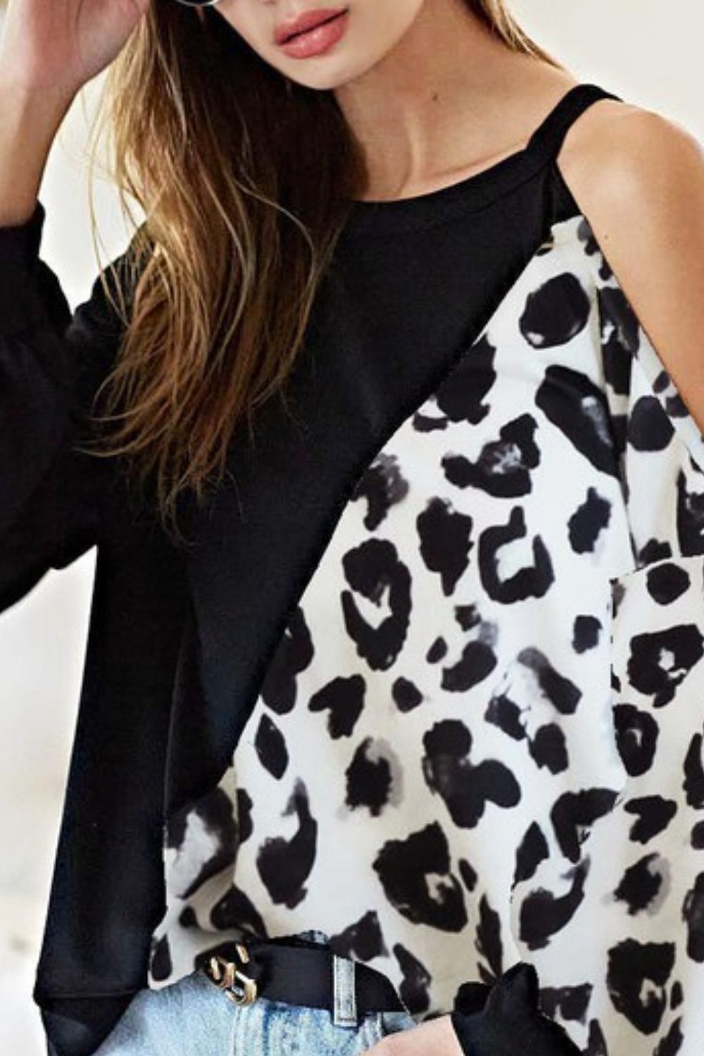BiBi French Terry Leopard Cold Shoulder Top