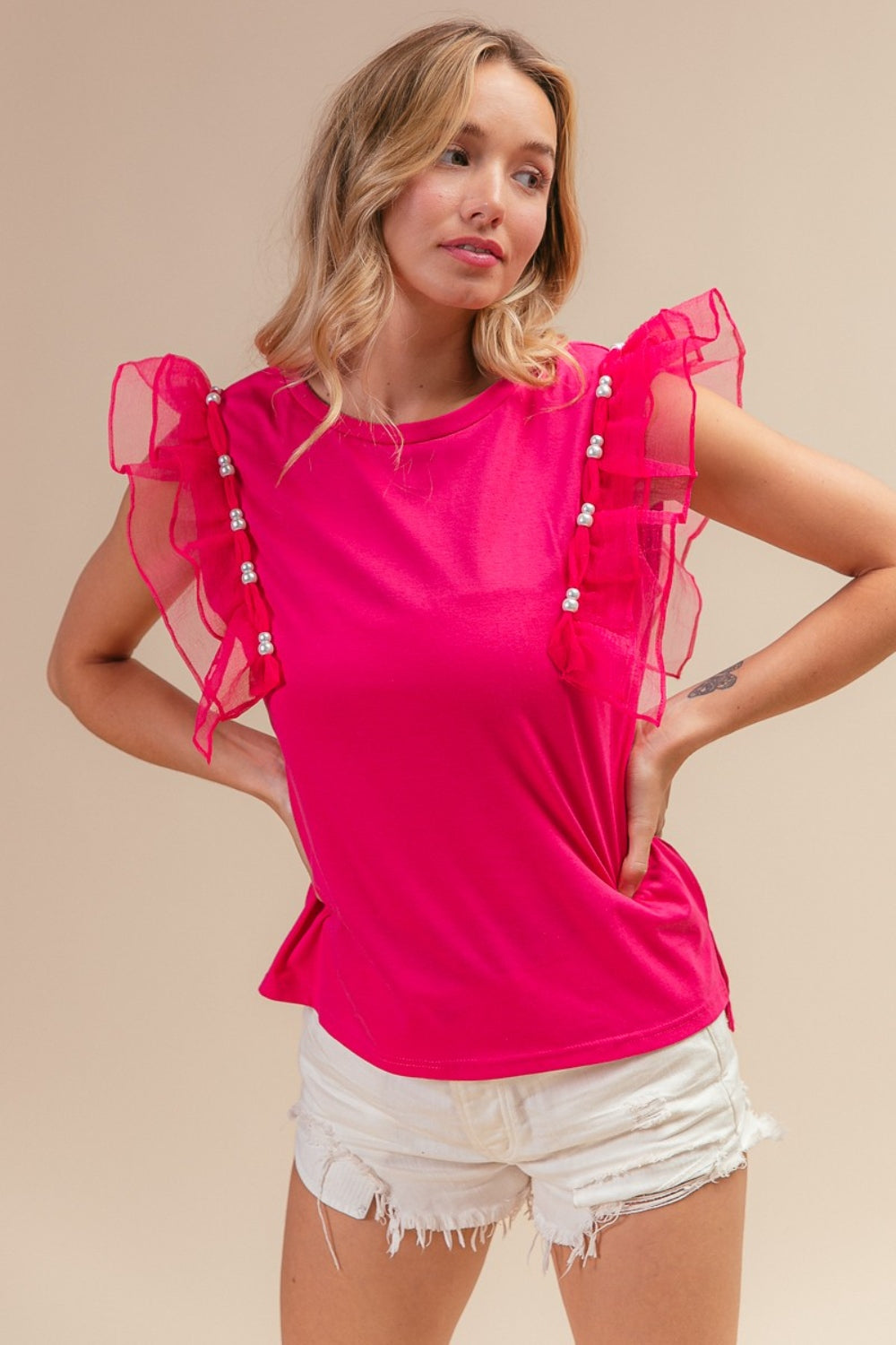 BiBi Pearl Decor Mesh Ruffle Sleeve Top Fuchsia