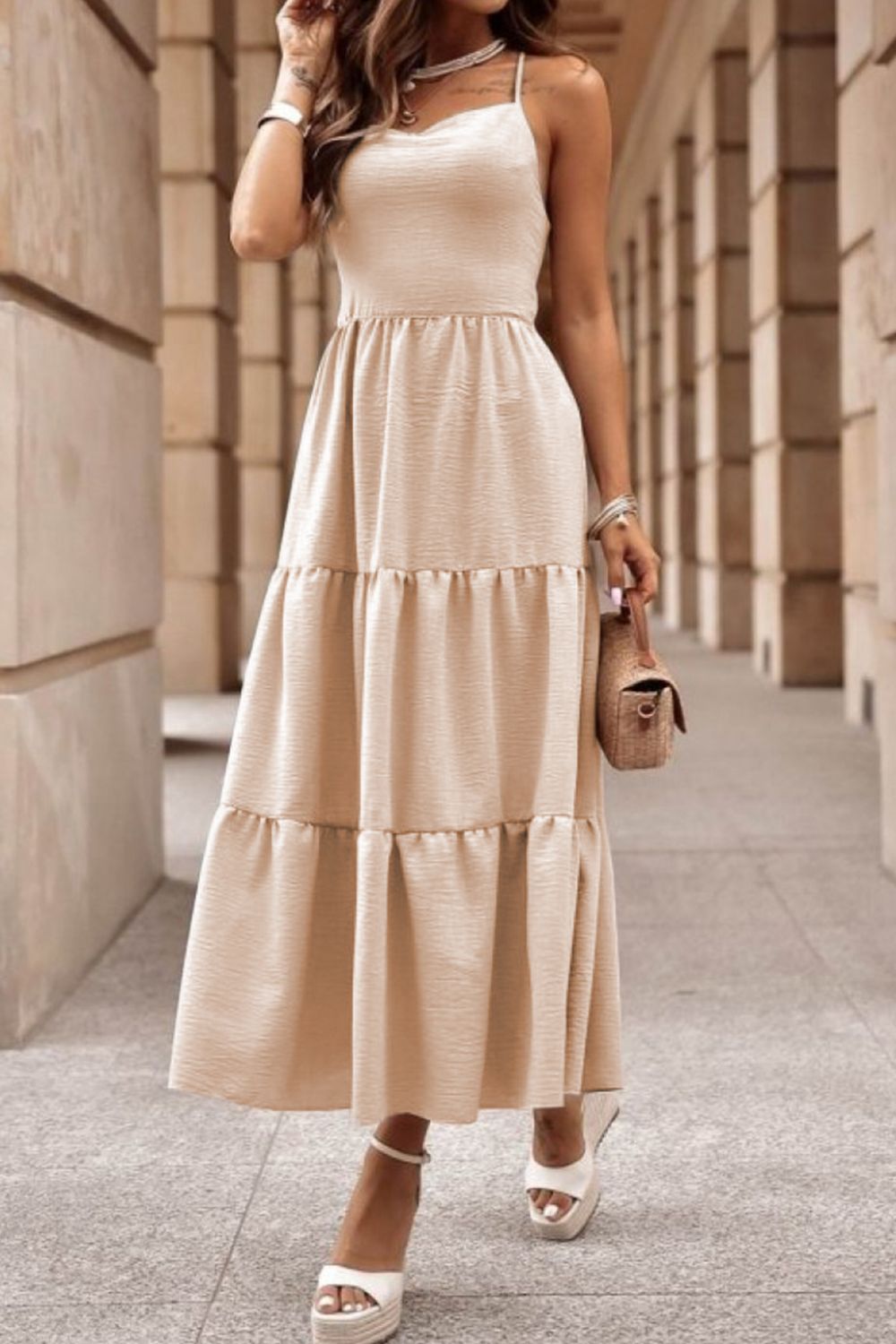 Tiered Crisscross Spaghetti Strap Dress Tan