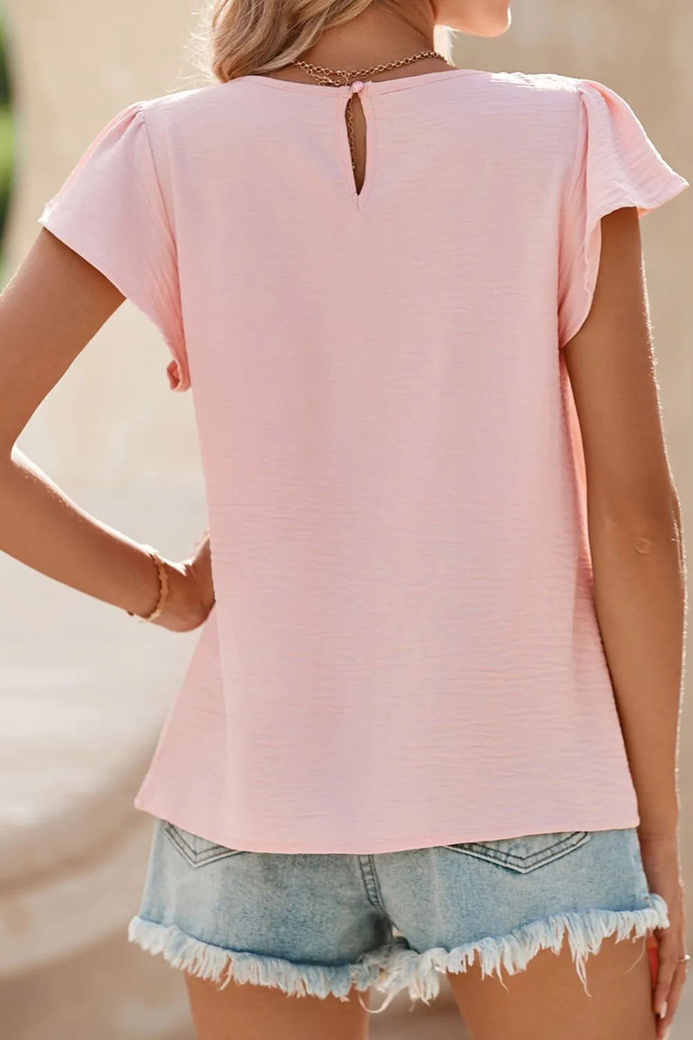 Solid Color Flounce Sleeve Pleated Round Neck Blouse