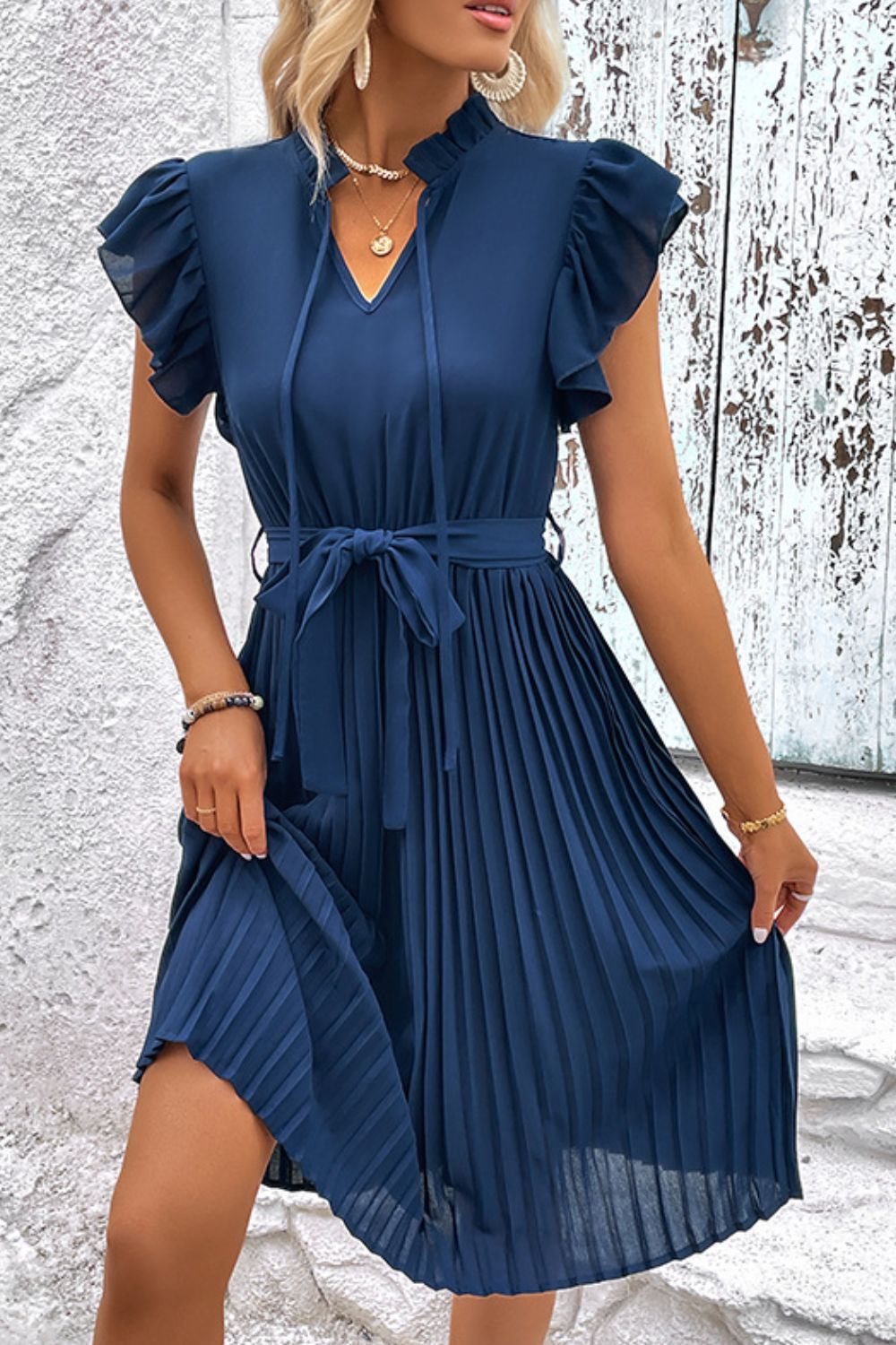 Perfee Tie Neck Belted Pleated Dress Deep Teal