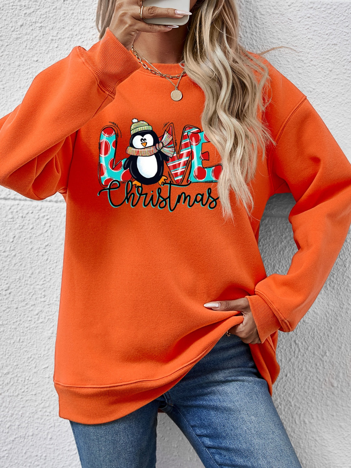LIVE CHRISTMAS Drop Shoulder Round Neck Sweatshirt Pumpkin