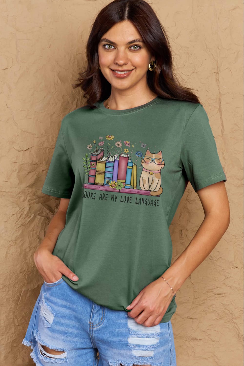 Simply Love Full Size BOOKS ARE MY LOVE LANGUAGE Graphic Cotton Tee Dark Green