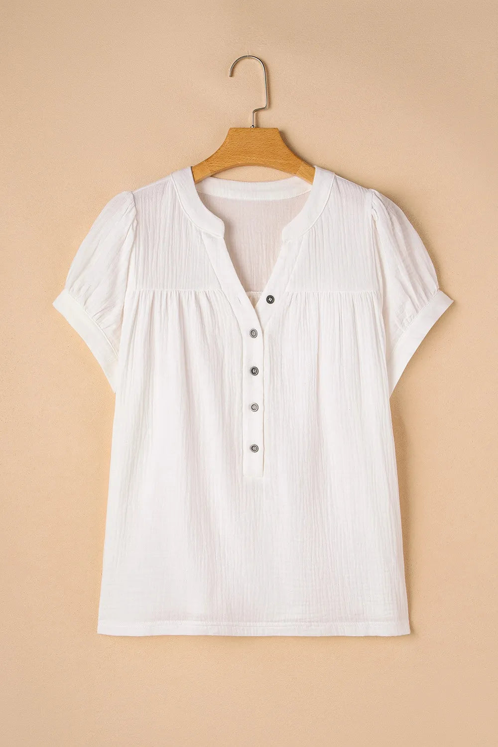 Textured Short Sleeve Buttons Frayed Blouse